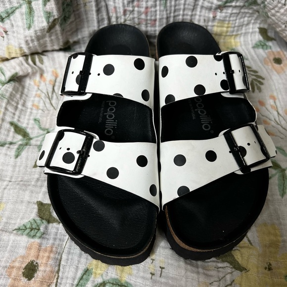 Papillio By Birkenstock Black and White Polka Dot Platform Arizona Sandals - Picture 1 of 6
